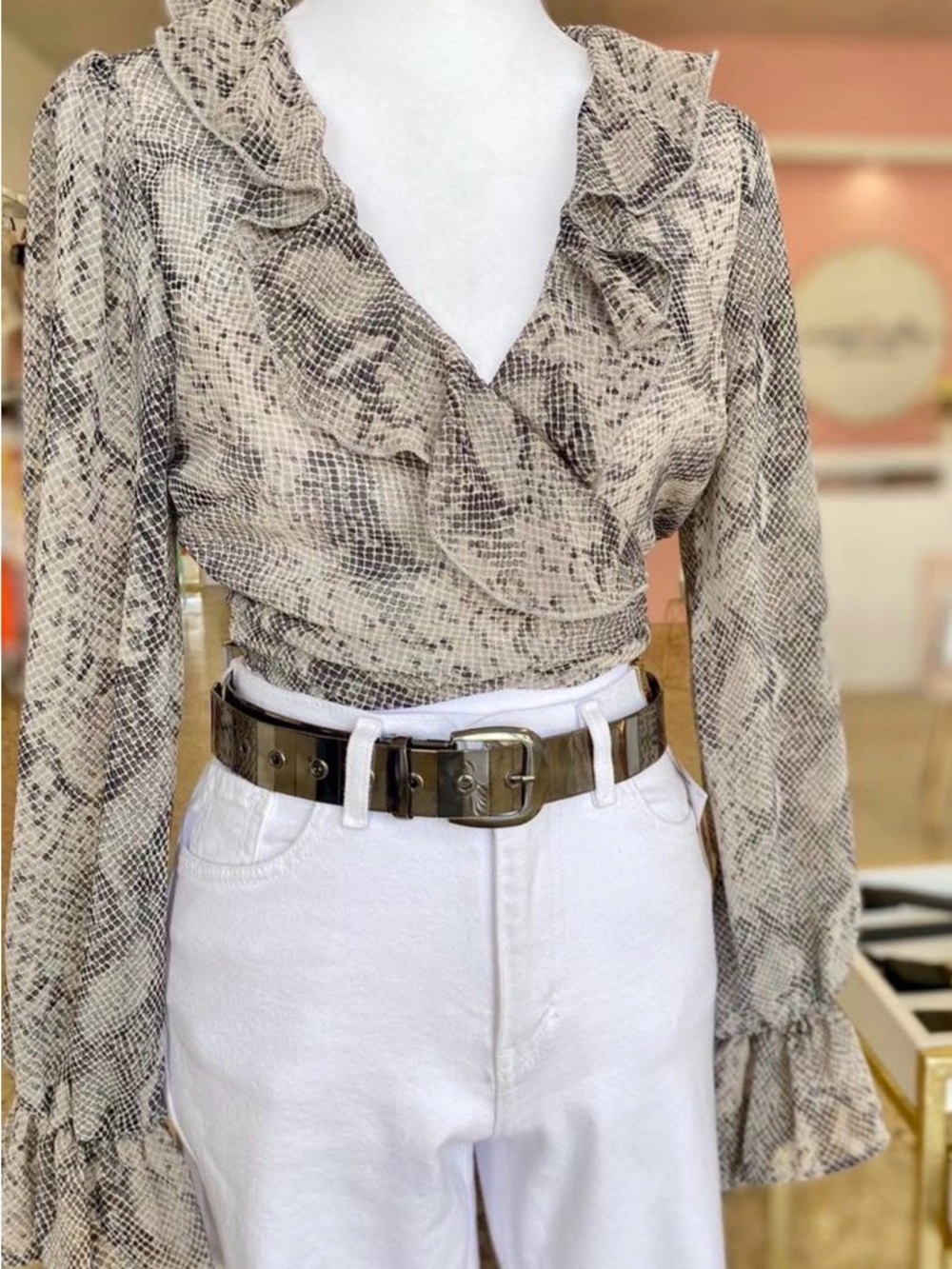 Snake Print Wrap Crop Top - Neutral